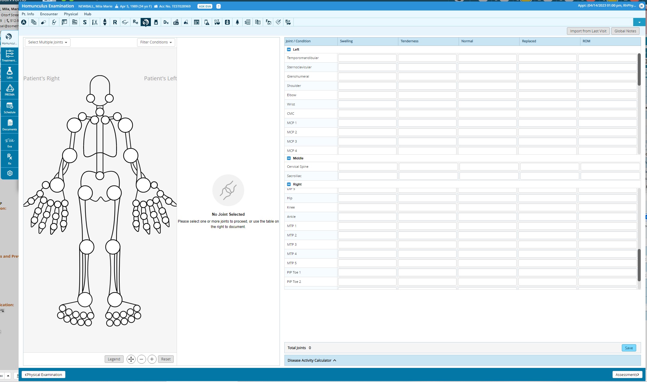 Cropped screenshot of the original Joint Examination Module showing the homunculus beside a detailed joint table.